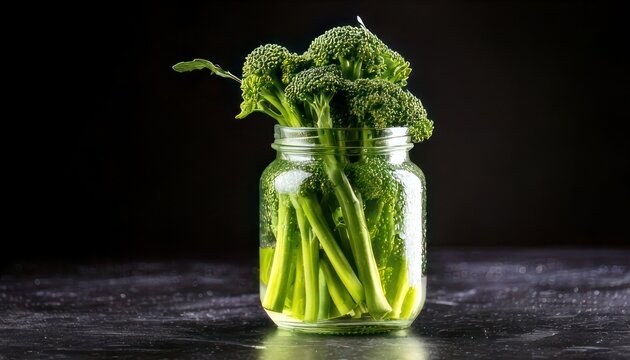 Fresh Broccolini Spears in Glass Jar on Dark Surface.