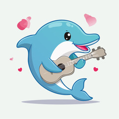 Obraz premium Cute cartoon dolphin playing guitar with hearts