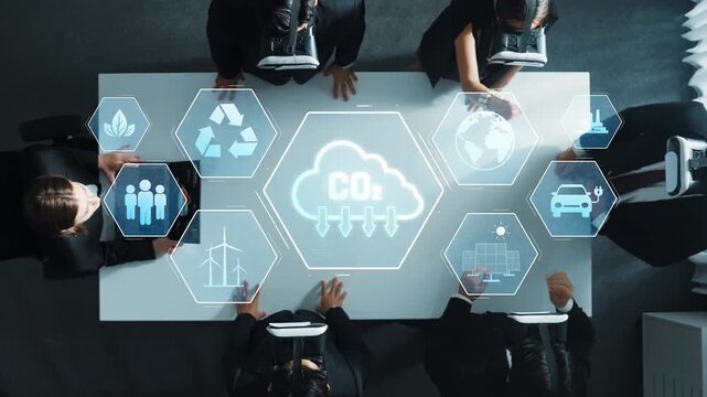 A corporate team gathers for a strategic meeting focused on climate change, utilizing digital tools to visualize and discuss solutions for reducing CO2 emissions and promoting sustainability. Raster