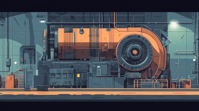 Industrial machinery illustration large turbine engine in a technical environment