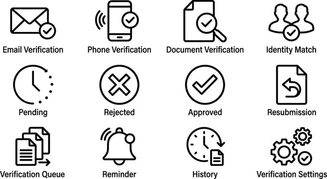 Set of verification and status line icons for digital identity and workflow.