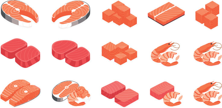 Isometric Seafood and Raw Meat Icon Set with Salmon Steak, Tuna, Shrimp, and Fresh Fish Cuts for Food, Restaurant, and Cooking Design Projects