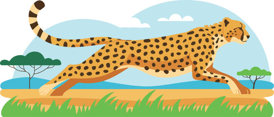 Flat vector illustration of a fast cheetah running through the African savanna with acacia trees and a blue sky background for wildlife and nature concepts. © md siam ali 