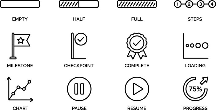 Set of thin line icons for progress tracking and task management.