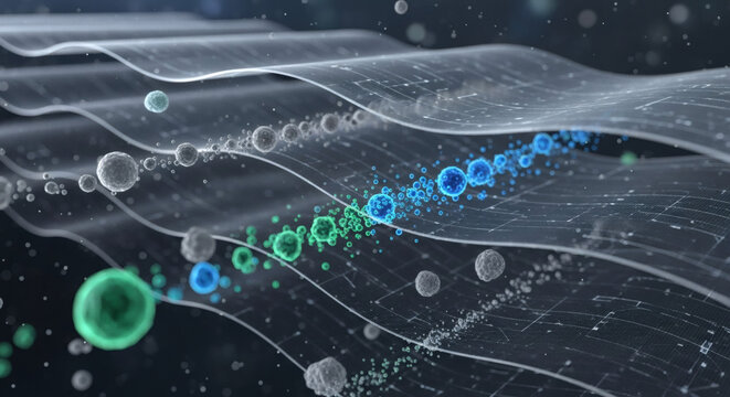 Abstract representation of molecular structures and scientific data flow in a technological context