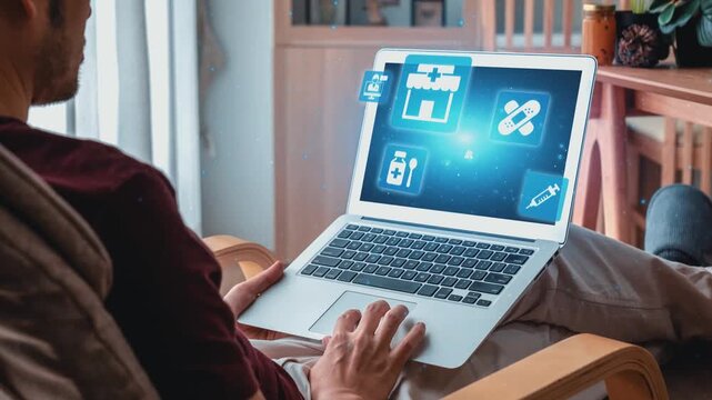 Online pharmacy icons showing medicine, healthcare, prescription and medical services with digital pharmacy, online drugstore, telemedicine and modern pharmaceutical solutions. Gist