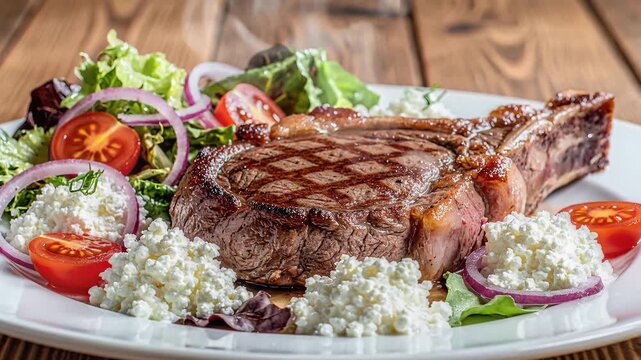 Delicious Grilled Ribeye Steak with Fresh Salad and Feta Cheese.