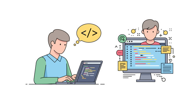 Two men working on computer coding.