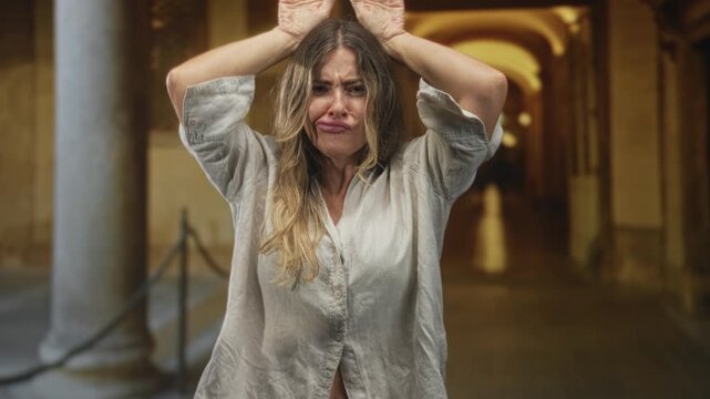 Woman raising hands to head and puckering lips in loose linen shirt in an arched building corridor; playful mischief.