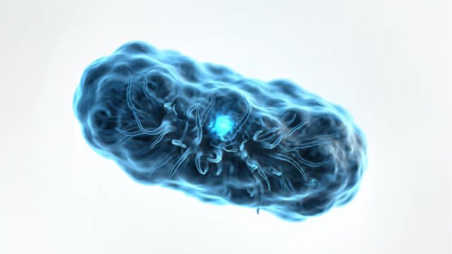 Microscopic view of a blue bacterium cell with glowing nucleus on white background.