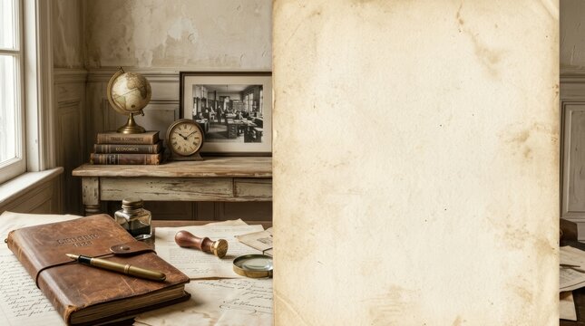 Old ledger and vintage stationery on a wooden desk. Antique globe, clock and classic office supplies. Retro workspace background with place for text. History and study education theme.