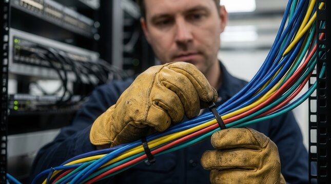 Close-up of an electrician using a cable tie to secure a network cable bundle during installation.