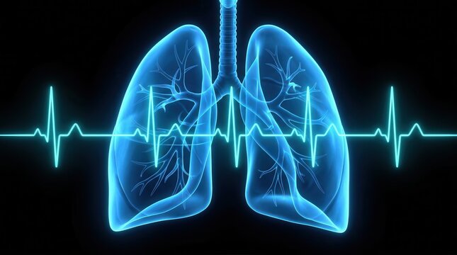 A glowing blue lung illustration superimposed on a medical electrocardiogram line.