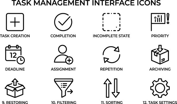 Task management interface icons set.