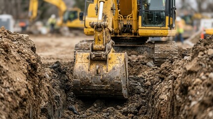 Fototapeta premium An excavator working on a construction site to dig a trench for a septic system.