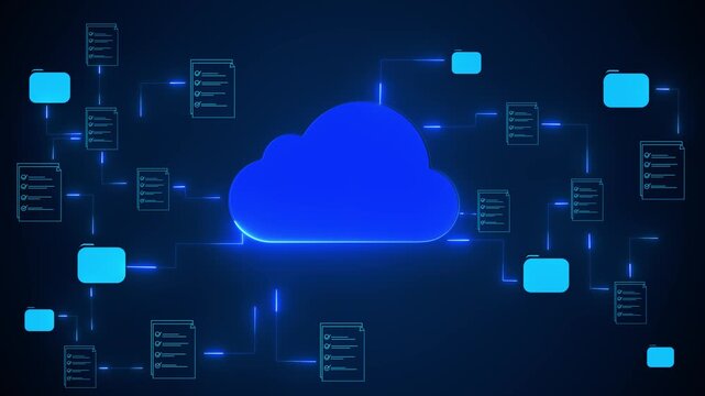 Blue cloud file network background glowing folders, document icons, connected lines, dark digital storage space. cloud computing videos, backup explainers, data management, SaaS promos, and overlays.