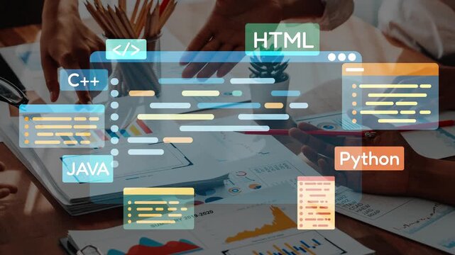 Engaging visual representation of coding languages with vibrant colors and creative workspace elements, perfect for showcasing software development concepts and teamwork. Raster