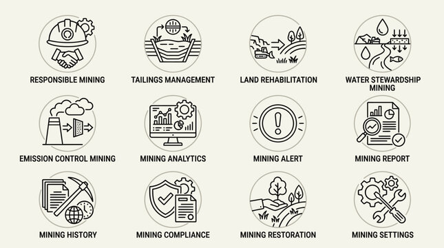 Set of twelve mining industry line icons representing sustainable operations and management.