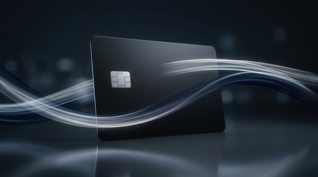Digital wave flowing through a sleek credit card for online payment and secure transaction concept.