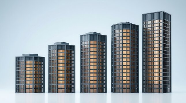 Modern office building models in a row showing upward progression of company size and growth.