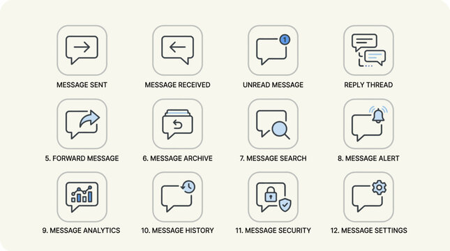Set of twelve modern communication message and chat interface line icons.