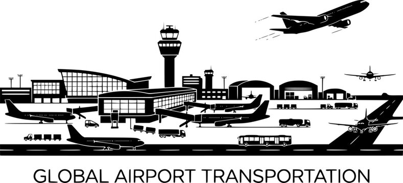 Airport with plane and facilities silhouette vector, transportation concept illustration for background.
