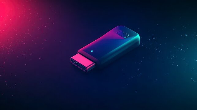 Modern usb c adapter rendered in neon lighting against dark background