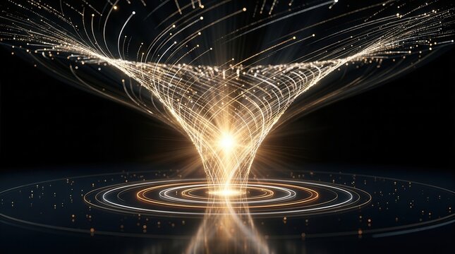Data transformation process shown as glowing particles flowing into a central light funnel.