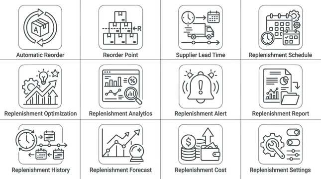 Set of twelve thin line icons for inventory replenishment and supply chain management.