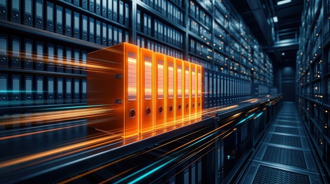 A row of glowing binders for legal hold, compliance, and e-discovery in digital asset organization.