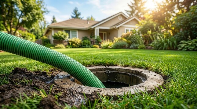 Drainage service concept showing a green corrugated hose inside an open sewer manhole in a residential yard.