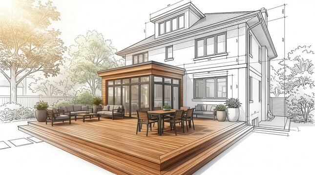 Hand-drawn architectural concept showing a home deck addition and outdoor living space.