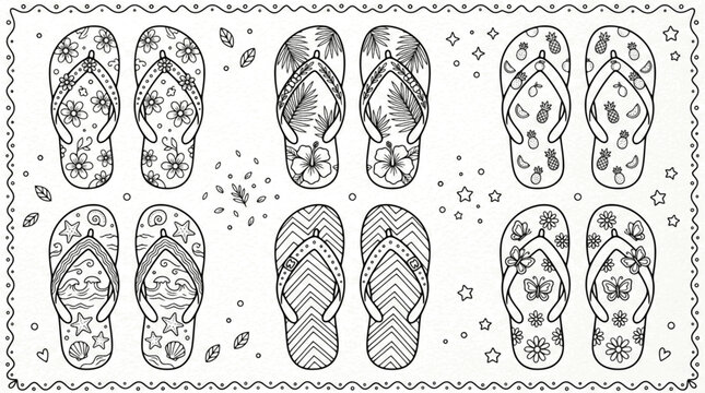 set of flip flops line art, black outline, vector and illustration, coloring book page line art drawing
