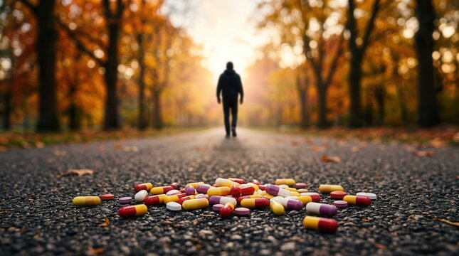 A person walking away from scattered prescription pills, symbolizing recovery from addiction.