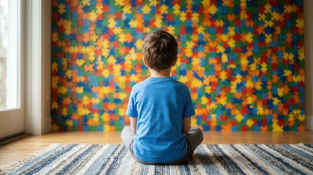 A child with autism spectrum disorder sits facing a colorful puzzle wall symbolizing uniqueness.