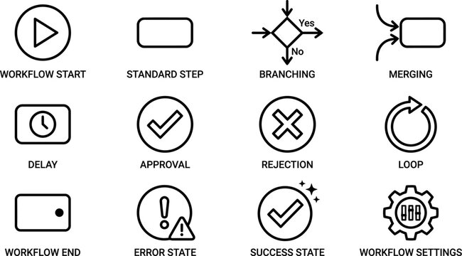 Workflow process diagram icons set.
