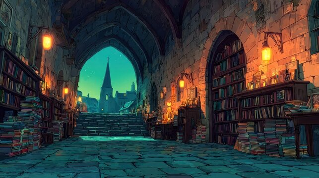 A dim, arched library hallway with bookshelves and lanterns at dusk