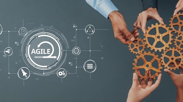This image captures the essence of agile methodology, with collaborative hands assembling gears and surrounded by digital icons representing effective business strategies and innovation. Raster