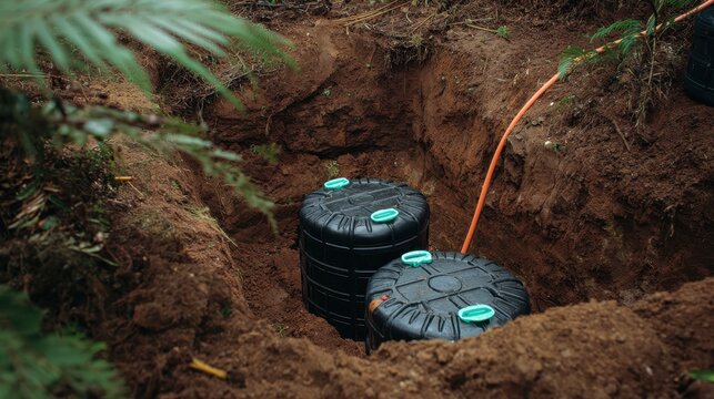 Two black plastic septic tanks buried in a dirt pit construction site