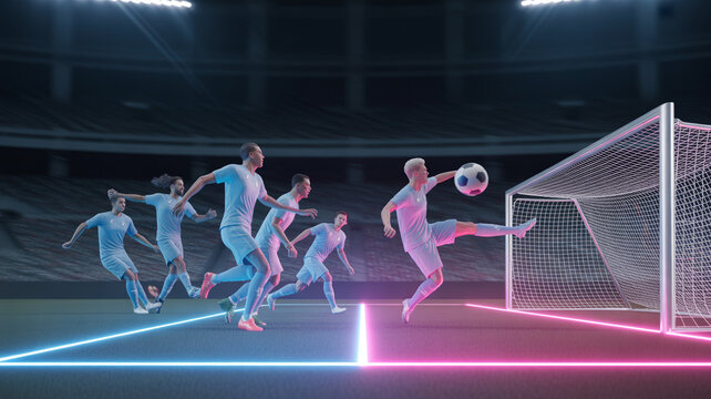 Group of people playing soccer in a futuristic stadium with glowing lights