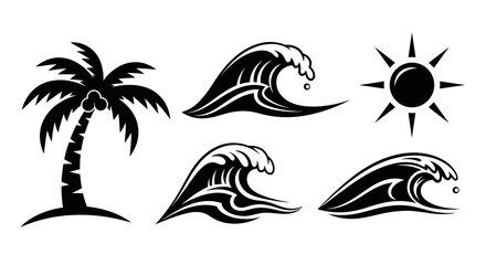 Obraz premium Set of Tropical Palm Tree, Rolling Ocean Waves, and Radiant Sun Icons, Isolated White Background