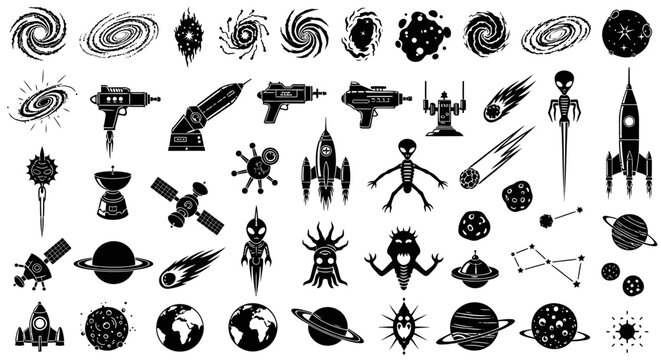 Extensive Black and White Space Exploration and Alien Icons Set, Isolated White Background