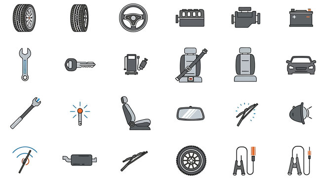 Collection of various car parts and tools icons in gray on plain surface for design and repair concepts