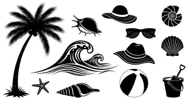 Summer Beach Accessories Collection with Seashells Sun Hats Sunglasses and Beach Ball on Isolated White Background
