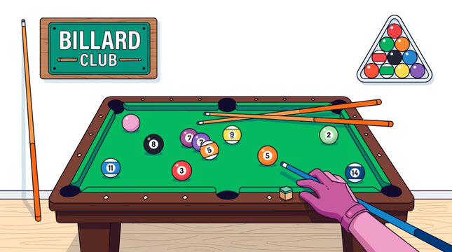 Pool table scene with a gloved hand aiming a cue at colorful billiard balls in a billiards club