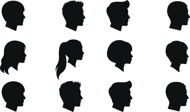 Collection of black head silhouettes showing diverse male and female profiles with different hairstyles and haircuts isolated on plain white background for graphic design.