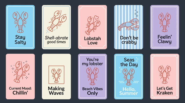 Nine pastel ocean-themed cards featuring playful nautical puns and cheerful illustrations, perfect for wall art, gifts, or greetings.