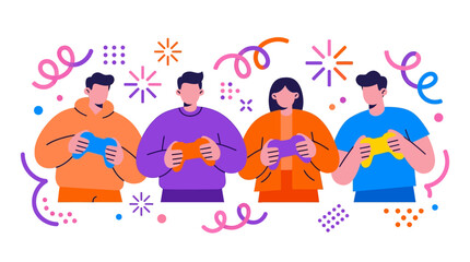 Fototapeta premium Group of diverse friends using smartphones at a festive celebration with confetti and colorful streamers