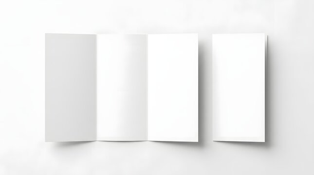 Blank trifold brochure mockup lying open on white surface with minimal aesthetic for corporate branding design