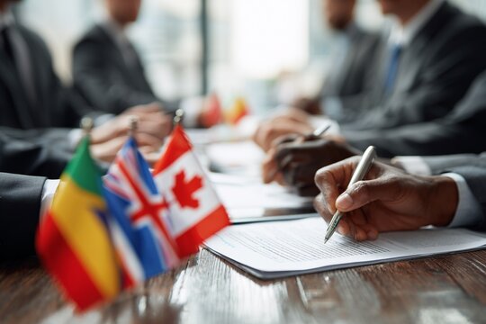 International Business Meeting with Flags and Contract Signing